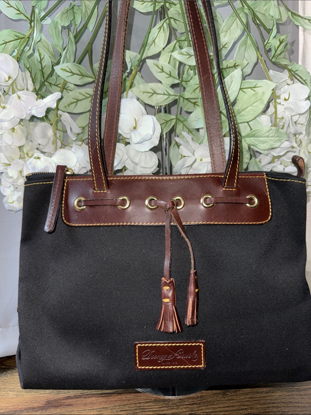 Dooney & Bourke NWOT Black and Brown Canvas Tote with Tassel Detail